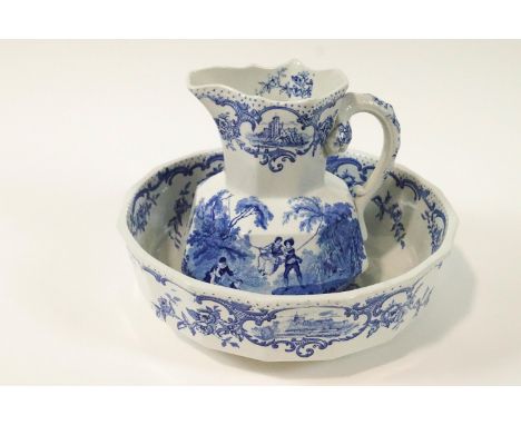 A Mason's ironstone hexagonal section water jug and basin from a late 19th/early 20th century water set, printed in blue with