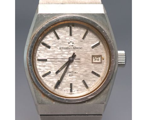 A stainless steel 'Eterna-matic Kontiki 20' wristwatch having a round silver dial with baton markings and date feature. Steel