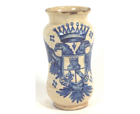 A Continental pottery Albarello jar, cobalt decorated with an armorial achievement with a tower, fleur de lys and a bend, sup
