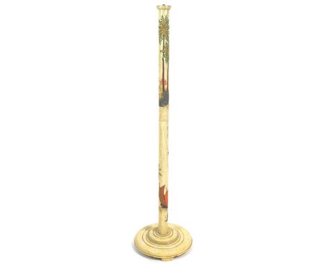 An Art Deco style carved wood standard lamp base, decorated in simulation of chinoiserie carved ivory with figures, boats and