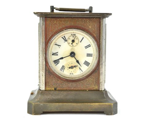 A19th century base metal carriage style clock with round Roman dial and glass side panels over a flared base, the door press 