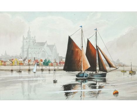 M R Lough (?), Fore shore at Maldon, Essex, watercolour and bodycolour, signed and titled to mount, 23cm x 35cm