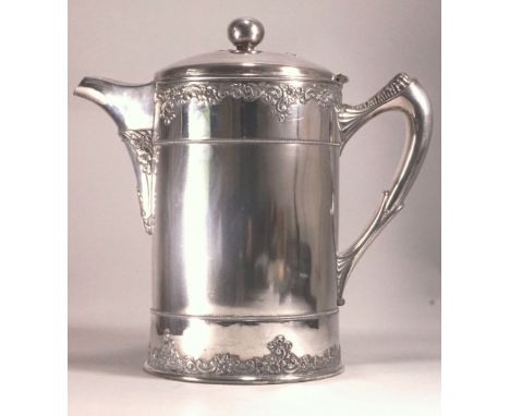 An American electroplated insulator jug of large proportions, with domed cover over a plain cylindrical body, with bands of s