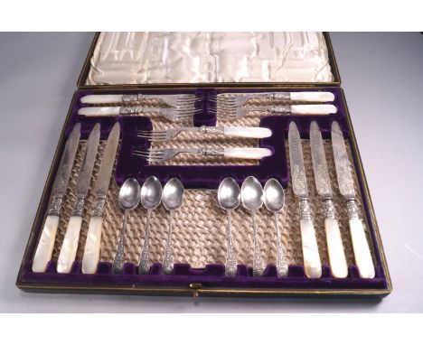 A cased 19th century mother of pearl and electroplate six setting dessert service comprising : six fruit knives, forks and te