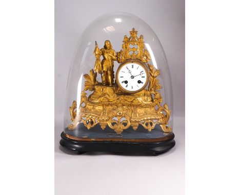 A Continental gilt metal mantle clock and glass domed case, the clock flanked by a flag bearing soldier on rocky ground, the 