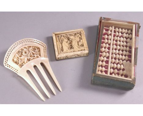 A 19th century miniature specimen ivory abacus puzzle, in a glass hinged case, 6cm high x 12cm wide; together with a Chinese 