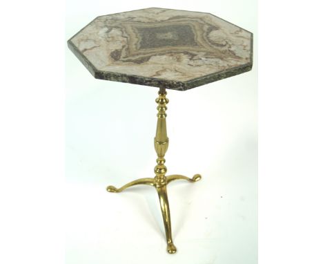 A 20th century French side/lamp table, having a brass tripod base and octagonal agate type stone top, the octagonal top speci