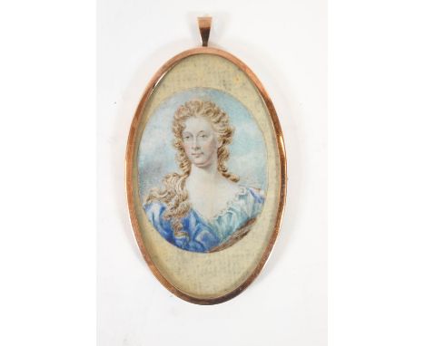 English School, Portrait of a lady in 18th century style, watercolour, in gilt locket frame, 11cm high x 6.7cm wide