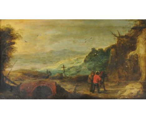 Continental school, early 19th century, Figures in an extensive landscape, oil on panel, 20.5cm x 37cm