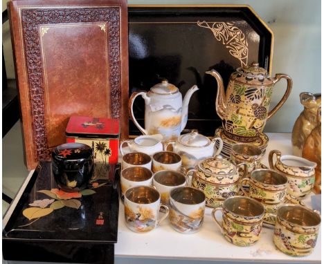 A Japanese eggshell coffee service;&nbsp; another;&nbsp; a Japanese lacquered canted rectangular tray;&nbsp; a similar trinke