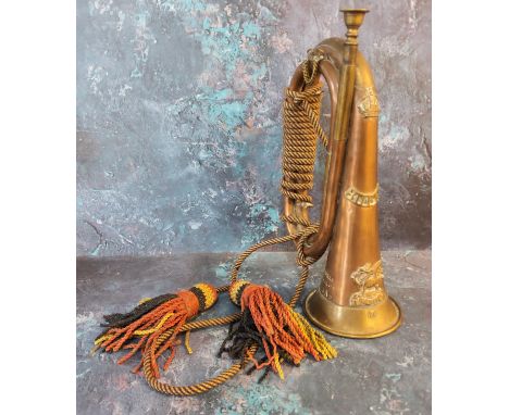 World War I - a copper and brass bugle, named and stamped Apres 1915 - 1917, applied with &nbsp;Royal East Kent Regiment (Buf