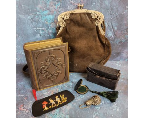 A lady's suede handbag, Art Nouveau chrome clasp;&nbsp;&nbsp; a Victorian morocco leather-bound pocket edition of Book of Com