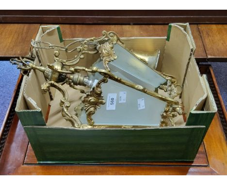 A gilt brass ceiling hall lantern, frosted panels, 53cm high 
