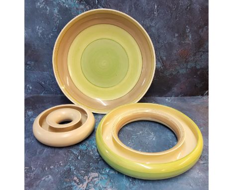 A Clarice Cliff banded pattern fruit bowl, Clarice Cliff, Newport Pottery Co England mark 32.5cms dia. c.1930s; a conforming 
