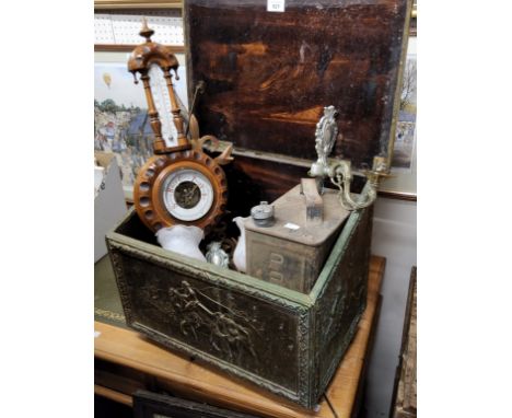 A mid 20th century brass slope top coal/log bin, 48cm wide;&nbsp; a walnut wall hanging barometer;&nbsp; a Pratts petrol can;