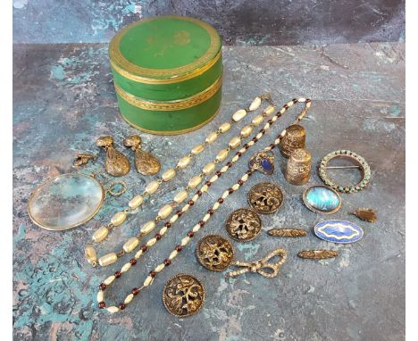 A Charles Horner thimble; Sterling silver guilloche enamel brooch; magnifying glass; silver buttons; etc 