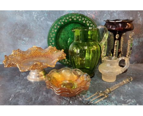 A Victorian ruby glass lustre, clear prismatic droplets, 22cm high, c.1880;&nbsp; &nbsp;a Victorian green glass jug, ribbed h