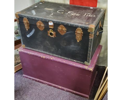 A 19th century pine rectangular trunk, 90cm wide, 44cm deep;&nbsp; &nbsp;a travelling trunk&nbsp; (2) 