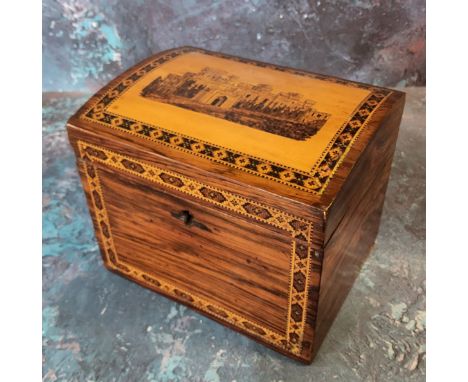 A 19th century Tunbridge Ware tea caddy, the cover inlaid with Windsor Castle, banded borders, 10.5cm high, 13.75cm wide, c.1