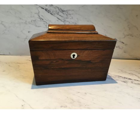 A Victorian rosewood sarcophagus shaped tea caddy, twin compartment, 13.5cm high, 19cm wide, c.1860 