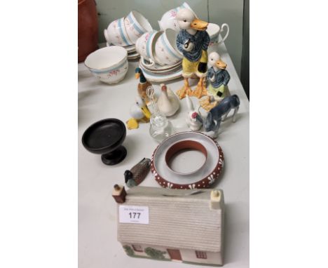 A Melba bone china tea service, for six;&nbsp; novelty models of ducks;&nbsp; a German model, of a donkey;&nbsp; a&nbsp;Goss 