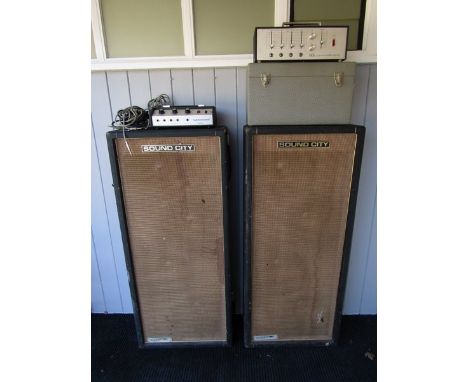 A pair of 1960's Sound City PA speakers together with SDL Commander amplifier and Eagle International RA.859 two channel reve