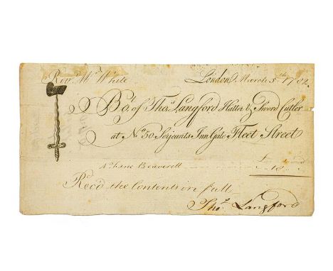 White (Gilbert, 1720-1793). Milliner's receipt with Gilbert White's autograph docket, 5 March 1782. Single sheet of laid pape