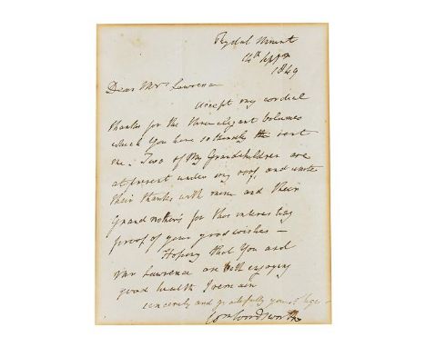 Wordsworth (William, 1770-1850). Autograph letter signed, Rydal Mount, 14 September 1849, single sheet of wove paper with bla