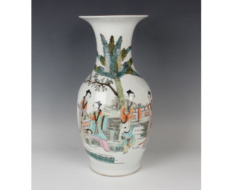 A Chinese porcelain vase, Republic period, the ovoid body and flared neck painted with a scene of four maidens and an attenda