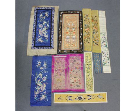 A collection of Chinese silk embroideries, late Qing dynasty and later, including a rectangular panel, worked in coloured thr