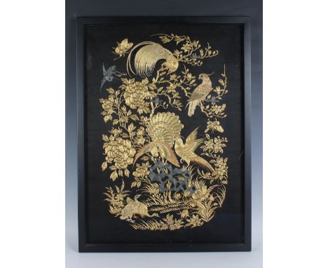 A Chinese silk embroidered panel, early 20th century, finely worked in predominantly silver and gilt thread with various bird