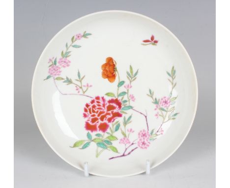 A Chinese famille rose porcelain saucer dish, mark of Daoguang but late 20th century or later, the interior enamelled with fl