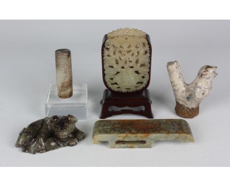 A small group of jade and hardstone carvings, 20th century and later, including a carved figure of a recumbent dog, length 8c