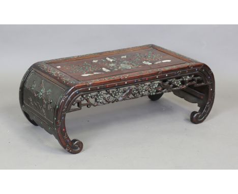 A Chinese mother-of-pearl, hardstone and bone inlaid hardwood low table, late Qing dynasty, the rectangular panelled top deco