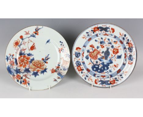 A Chinese Imari export porcelain plate, Kangxi period, painted and gilt with a bird perched on a swing above blossoming peony