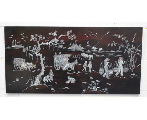A South-east Asian mother-of-pearl inlaid lacquer rectangular panel, 20th century, decorated with a rural scene of horse and 