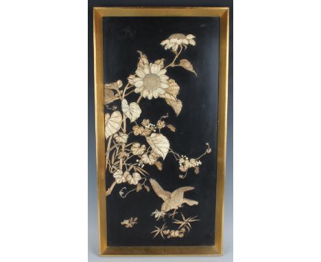 A Japanese inlaid lacquer rectangular panel, Meiji period, inlaid in bone, ivory and mother-of-pearl with a sparrow holding a