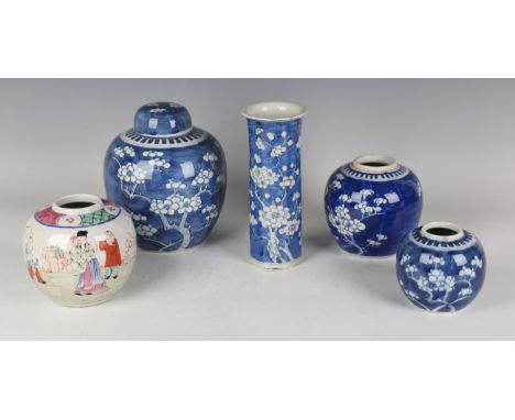 A small collection of Oriental ceramics, late 19th century and later, including a blue and white cylinder vase, painted with 