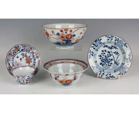 A group of Chinese export porcelain, Kangxi period and later, comprising an Imari bowl with everted rim and gilt with flowers