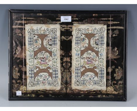 A pair of Chinese silk embroidered rectangular panels, late Qing dynasty, worked in coloured threads with figures within gilt