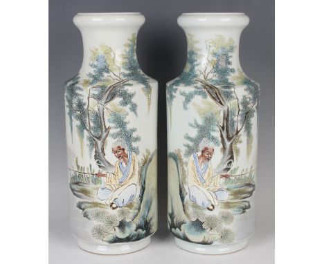 A pair of Chinese porcelain cylinder vases, mark of Hongxian but probably Republic period, each painted with a fisherman seat