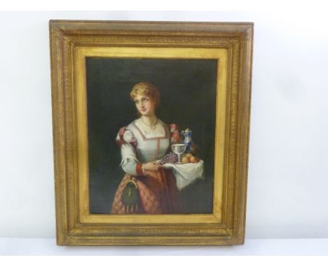 A framed oil on canvas of a lady serving wine and fruit, label to verso, 52.5 x 42cm
