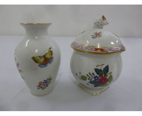 A Herend ovoid vase decorated with butterflies and floral sprays and a Herend covered vase with rabbit finial