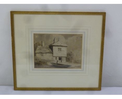 Samuel Prout framed and glazed sepia sketch of a country house, label to verso, 16 x 21.5cm