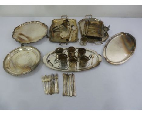 A quantity of silver plate to include trays, tea glass holders and flatware