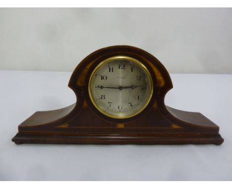 An Edwardian mahogany and satinwood inlaid 8 day mantle clock, Swiss made movement, silvered dial with Arabic numerals