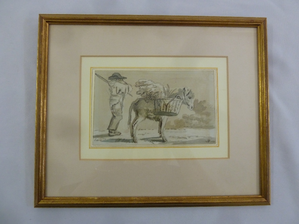 John Nixon 1750-1818 framed and glazed watercolour of a boy and donkey ...