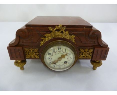 A late 19th century French marble mantle clock of architectural form with applied gilt metal mounts