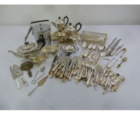 A quantity of silver plate to include teapot, ice bucket and flatware