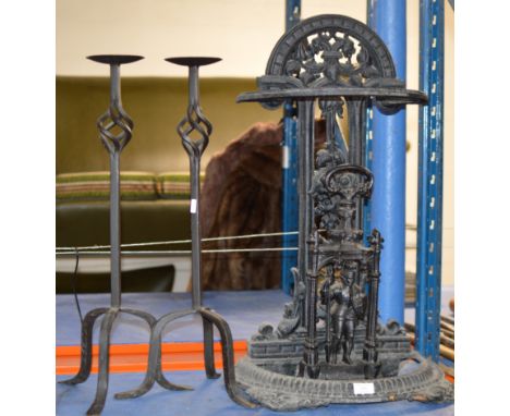 DOOR STOP, STICK STAND &amp; PAIR OF WROUGHT IRON CANDLE STANDS     